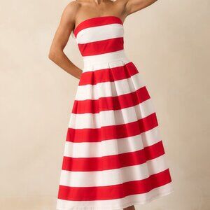 Red Dress Crisp Contrast Red Stripe Strapless Midi Dress Size LL / Red